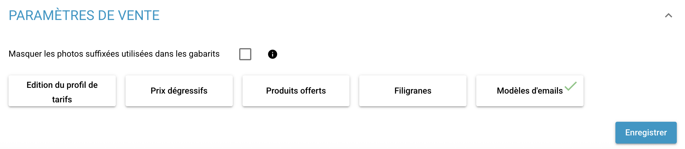 paramètres de vente
